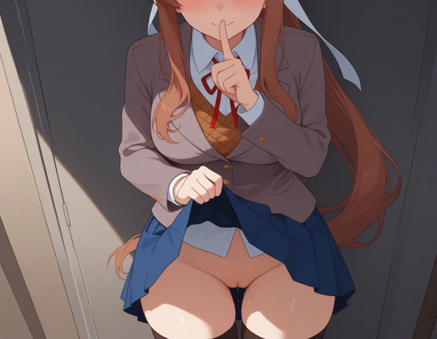 1girls ai_generated blush boyfriend-girlfriend coral_brown_hair couple doki_doki_literature_club flashing flashing_pussy horny_female light-skinned_female monika_(doki_doki_literature_club) naughty no_panties pov school_uniform schoolgirl shushing skirt skirt_lift sneaky thighhighs wet_pussy