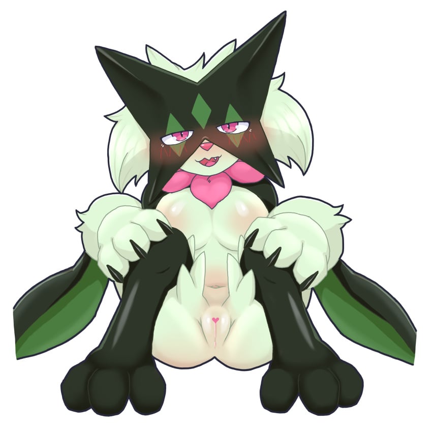 1:1 2024 3_fingers 3_toes anthro areola big_breasts biped black_body black_claws black_fur blush blush_lines breasts censored claws colored digital_media_(artwork) feet felid feline female female_anthro finger_claws fingers frill_(anatomy) front_view fur generation_9_pokemon genitals green_body green_fur head_tuft heart_censor heart_symbol hi_res ineffective_censorship innie_pussy kemono leg_tuft looking_at_viewer mammal mask meowscarada multicolored_body multicolored_fur navel neck_frill nintendo nude open_mouth open_smile paws pink_eyes pink_nose pokemon pokemon_(species) pupils pussy shaded simple_background sitting slit_pupils smile solo suzuki_(2023) toes tuft two_tone_body two_tone_fur white_background