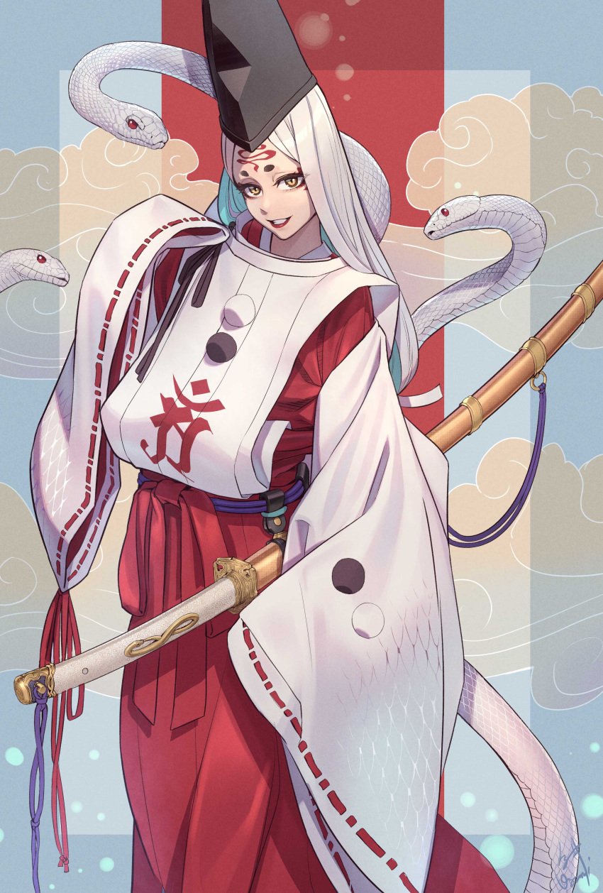 2025 absurdres aqua_hair brown_eyes chinese_zodiac colored_inner_hair cropped_legs facial_mark forehead_mark hakama hakama_skirt hat highres japanese_clothes looking_at_viewer miko multicolored_hair ogami original red_hakama red_lips sheath sheathed simple_background skirt smile snake sword weapon white_hair