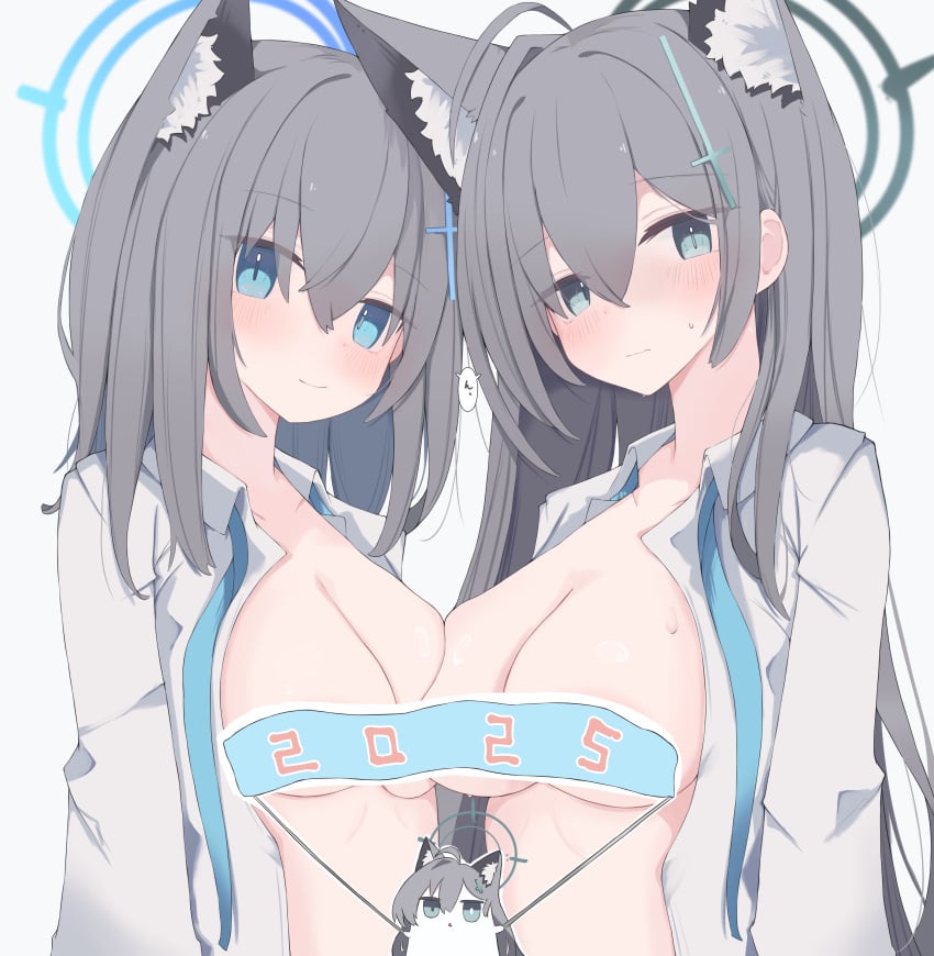 2025 2girls animal_ears big_breasts blue_archive blush breast_press breast_squeeze breasts breasts_out censored emoji grey_hair hi_res kemonomimi light-skinned_female light_skin medium_breasts no_bra nui_(nuinui0300) shiroko_(blue_archive) shiroko_(terror)_(blue_archive) smile topless wolf_ears wolf_girl