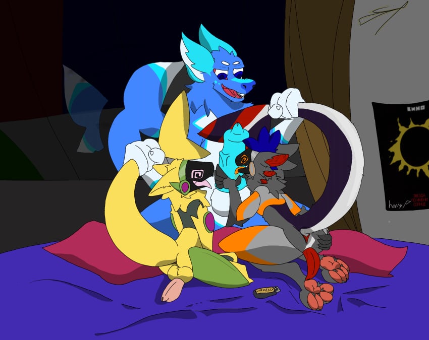 absurd_res alex_protogen anthro group henry_ggpioor henrytheprotogay hi_res machine male male/male manokit protogen trio