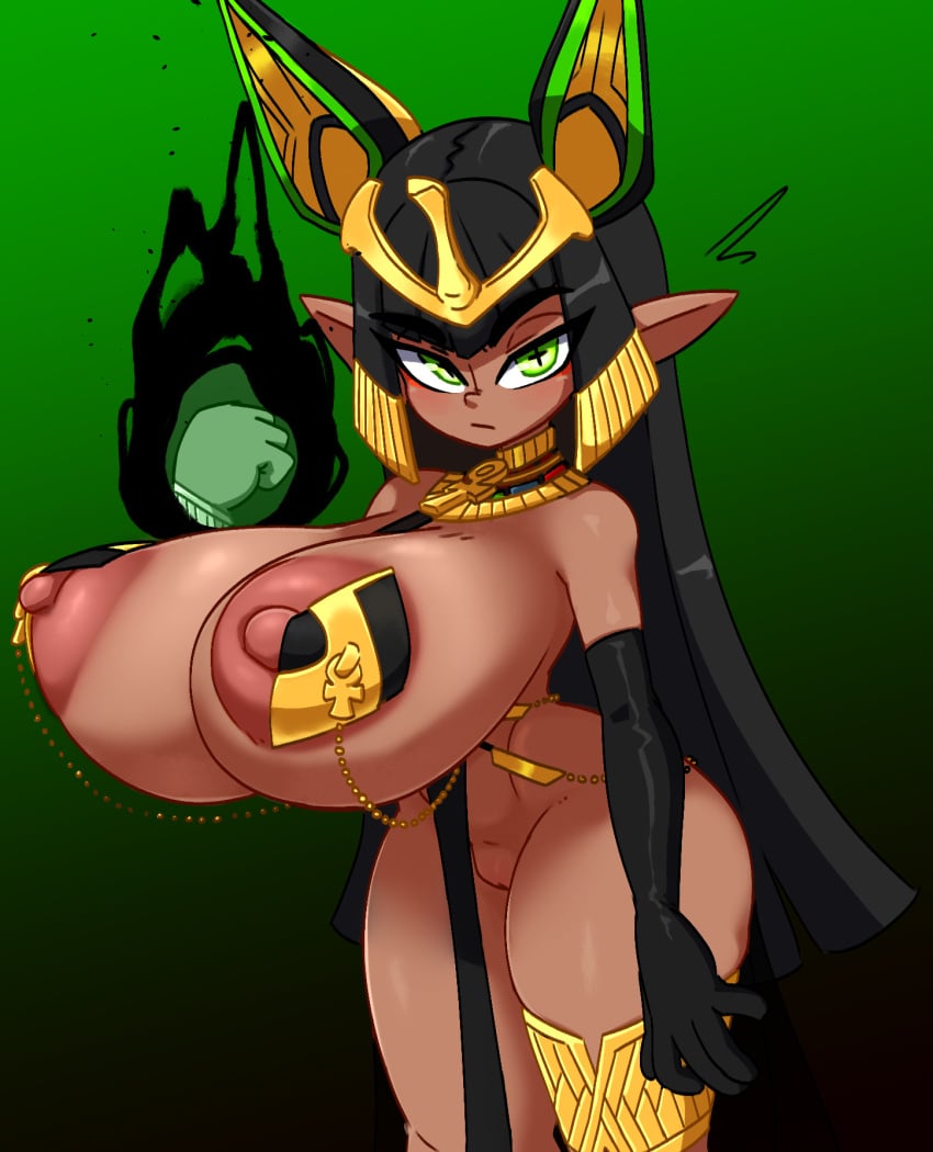 areolae ass asymmetrical_gloves asymmetrical_legwear curvy expressionless gigantic_breasts gradient_background green_background hand_up highres huge_breasts jellot last_origin nipples pussy sekhmet_of_death simple_background thick_thighs voluptuous wide_hips