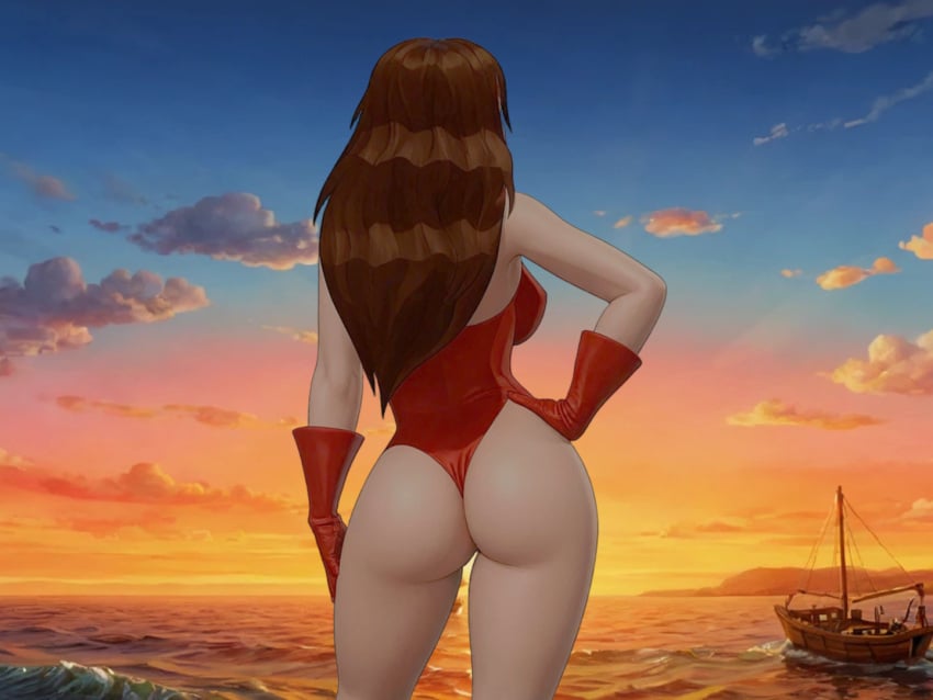 3d 3d_render ai_generated backview big_ass big_butt brown_hair butt hand_on_hip large_ass long_brown_hair marvel marvel_comics pink_leggings red_leotard scarlet_witch sunset thicc thick_ass wanda_maximoff webart20