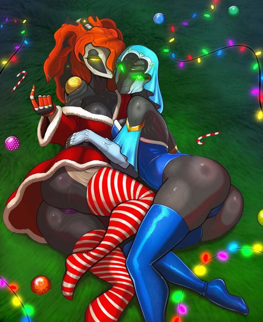 2d 2robot_girls big_breasts breasts christmas christmas_lights christmas_outfit ecchi glowing_eyes green_eyes koumei_(warframe) robot_humanoid spacemaxmarine thighhighs thighs warframe yareli_(warframe) yellow_eyes