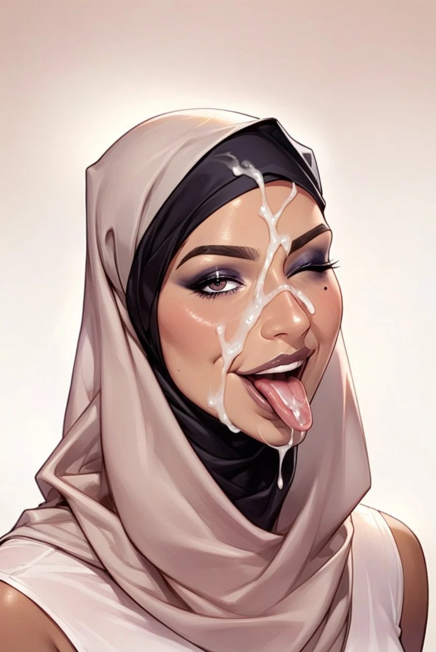 ai_generated beauty_mark cum_dripping cum_on_face cum_on_tongue hijab muslim portrait purple_eyeshadow tagme