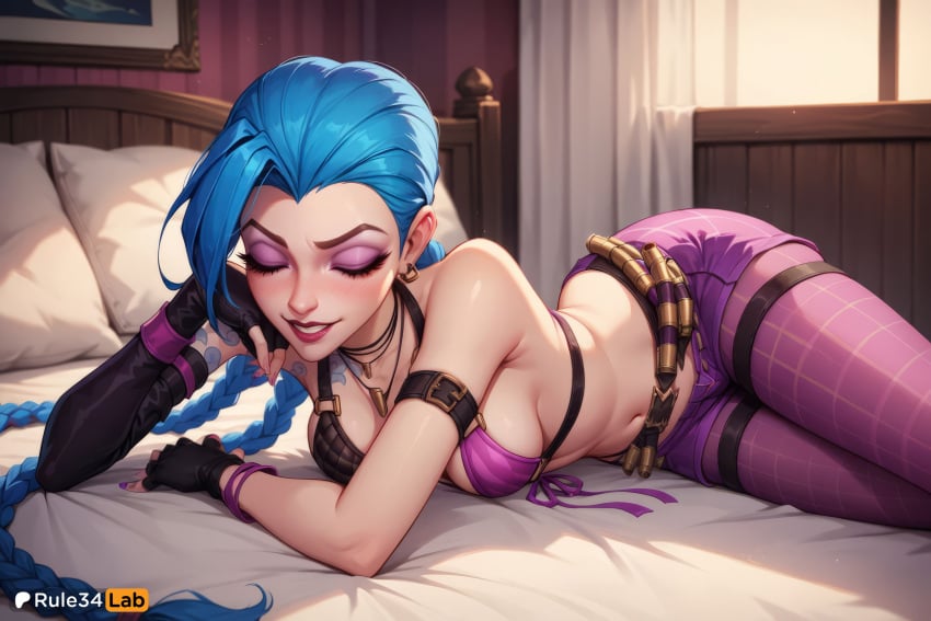 1girls ai_generated alternate_breast_size arm_tattoo artist_name asymmetrical_gloves bare_shoulders bed bedroom belt bikini bikini_top_only biting_own_lip black_gloves blue_hair blush braid breasts bullet closed_eyes curtains earrings eyeshadow fingerless_gloves gloves grin hi_res indoors jewelry jinx_(league_of_legends) large_breasts league_of_legends long_hair lying makeup medium_breasts nail_polish navel necklace on_bed on_side pantyhose pillow pink_nails pink_shorts purple_nails riot_games rule34lab short_shorts shorts smile solo stomach stomach_tattoo swimsuit tattoo teeth twin_braids very_long_hair window