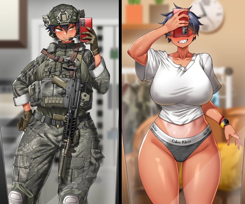 1girls baggy_clothing baggy_shirt black_hair blush blush brown_eyes calvin_klein cameltoe curvy curvy_body curvy_female curvy_figure curvy_hips curvy_thighs farmer's_tan helmet hitch_(hitch_driessen/perotoss400/kirochef) military military_helmet military_jacket military_uniform nipples_visible_through_clothing original original_character phone rokmc_chan selfie sharp_teeth short_hair smile tan-skinned_female tan_body tan_skin tanline tanned_female tanned_girl tanned_skin tomboy