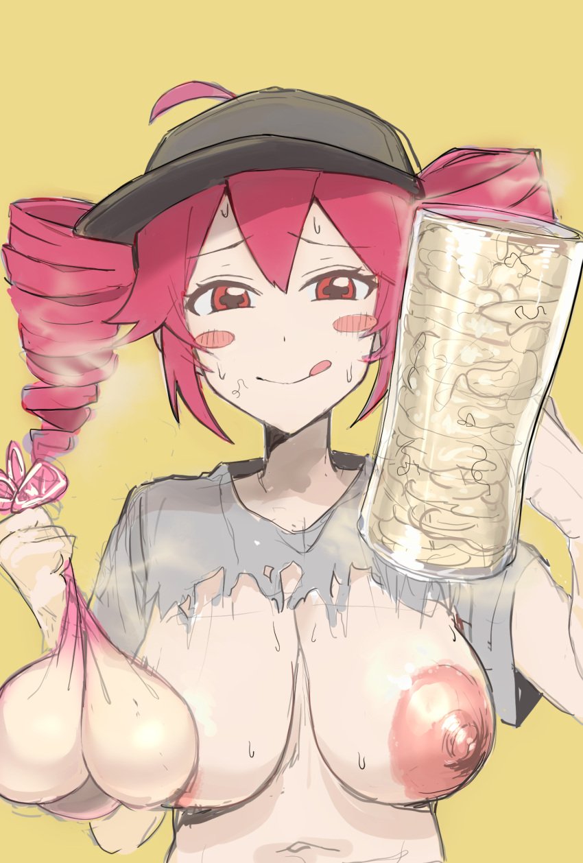 1girls 2d 2d_(artwork) areolae big_areola big_breasts breasts condom cum_in_condom cum_in_container cum_in_glass female female_only filled_condom kasane_teto kasane_teto_(sv) large_areolae large_breasts licking_lips nipples override_(synthesizer_v) pixiv red_eyes red_hair synthesizer_v torn_clothes torn_clothing twin_drills utau