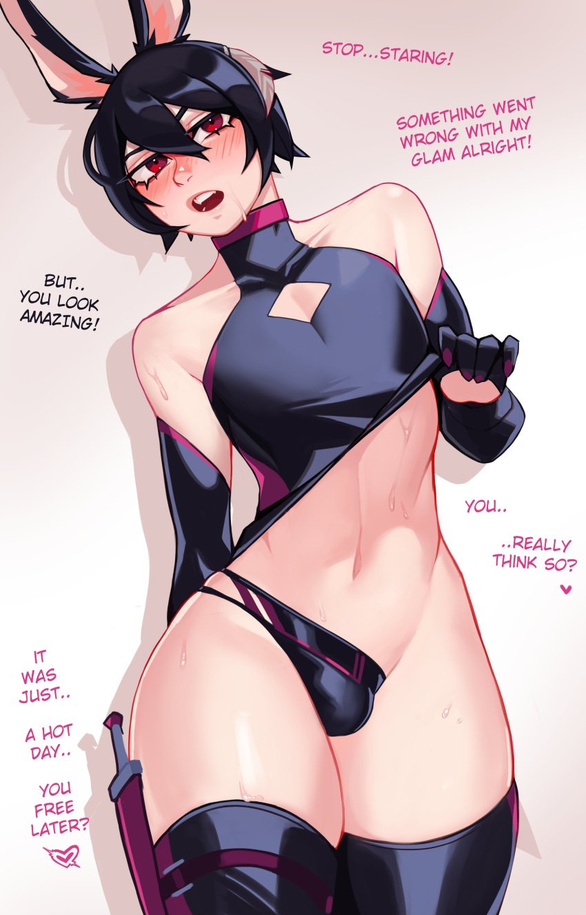 black_hair blush bulge bunny_boy bunny_ears crossdressing femboy highleg qt0ri solo_male stockings text thong yonu_(qtori)