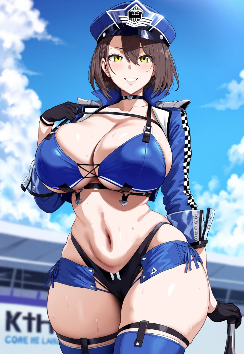 1girls ai_generated azur_lane baltimore_(azur_lane) baltimore_(finish_line_flagbearer)_(azur_lane) big_breasts breasts brown_hair female female_focus floox huge_breasts large_breasts navel race_queen short_hair thick_thighs thighs tomboy yellow_eyes