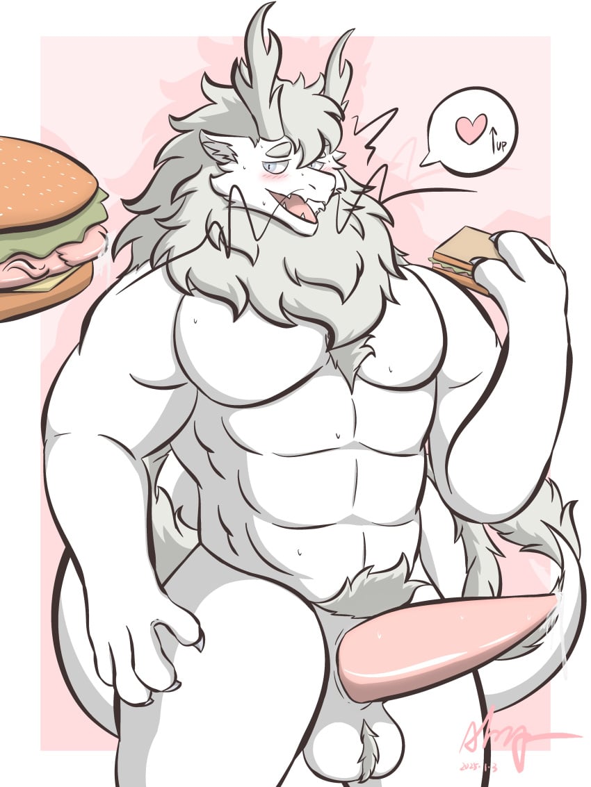 absurd_res animal_genitalia animal_penis ao_lie aolieloong bulge burger cetacean_genitalia cetacean_penis dragon duo eastern_dragon eating food genitals hi_res male male/male muscular mythological_creature mythological_scalie mythology penis scalie tapering_penis