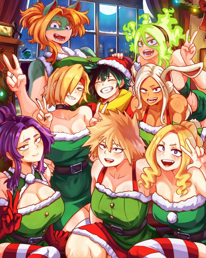 1boy 7girls athletic_female big_breasts blonde_hair christmas christmas_outfit fire_hair fit_female harem ippan_josei izuku_midoriya lady_nagant milf mirko mitsuki_bakugou moe_kamiji moon mount_lady multiple_girls my_hero_academia night posing_for_picture purple_hair scar scar_across_eye scar_on_face short_hair short_hair_female takeyama_yuu tatsuma_ryuuko tsutsumi_kaina usagiyama_rumi vlizz wedding_ring