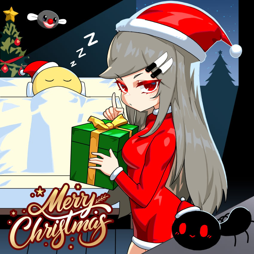 1boy 1girls bob_(dsand) christmas_outfit dsand00 gray_hair medium_breasts my_ghost_friend red_eyes smaller_female susie_(dsand)