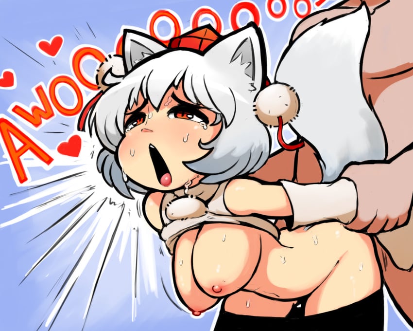 animal_ears arm_grab ass bent_over breasts breasts_out clothed_female_nude_male detached_sleeves doggy_style female hanging_breasts hat highres male momiji_inubashiri nipples notepaddy open_mouth pants_down red_eyes sex shirt_lift short_hair straight sweat tail tears tokin_hat touhou white_hair wolf_ears wolf_tail