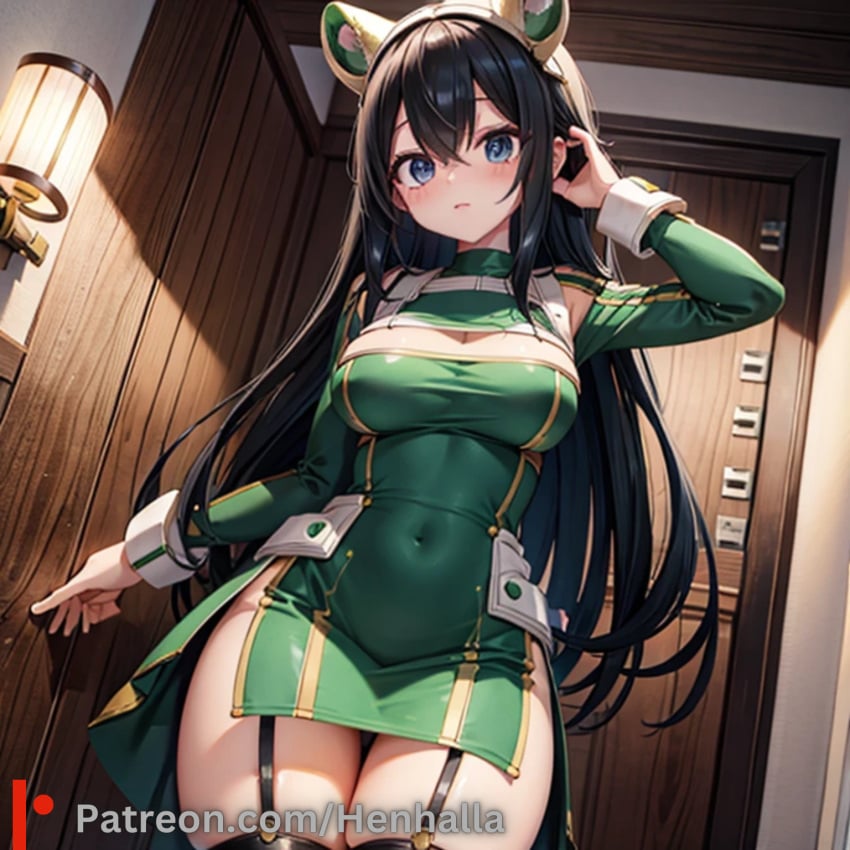 1girls ai_generated big_breasts breasts dress henhalla solo solo_female tsuyu_asui young younger_female