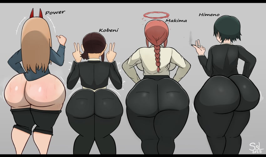 4girls ass ass_comparison ass_focus ass_size_chart back_view bare_ass big_ass big_breasts black_hair blonde_hair braided_hair braided_ponytail brown_hair bubble_butt caked_up chainsaw_man cheesecake fat_ass green_hair higashiyama_kobeni himeno_(chainsaw_man) huge_ass kobeni_higashiyama light-skinned_female long_hair makima_(chainsaw_man) paag pants_down pawg peace_sign ponytail power_(chainsaw_man) red_hair round_ass simple_background size_difference ssleviathann sweat sweaty_ass text thick_ass thick_thighs thunder_thighs tight_clothing venus_body voluptuous voluptuous_female wide_hips wobbling_ass