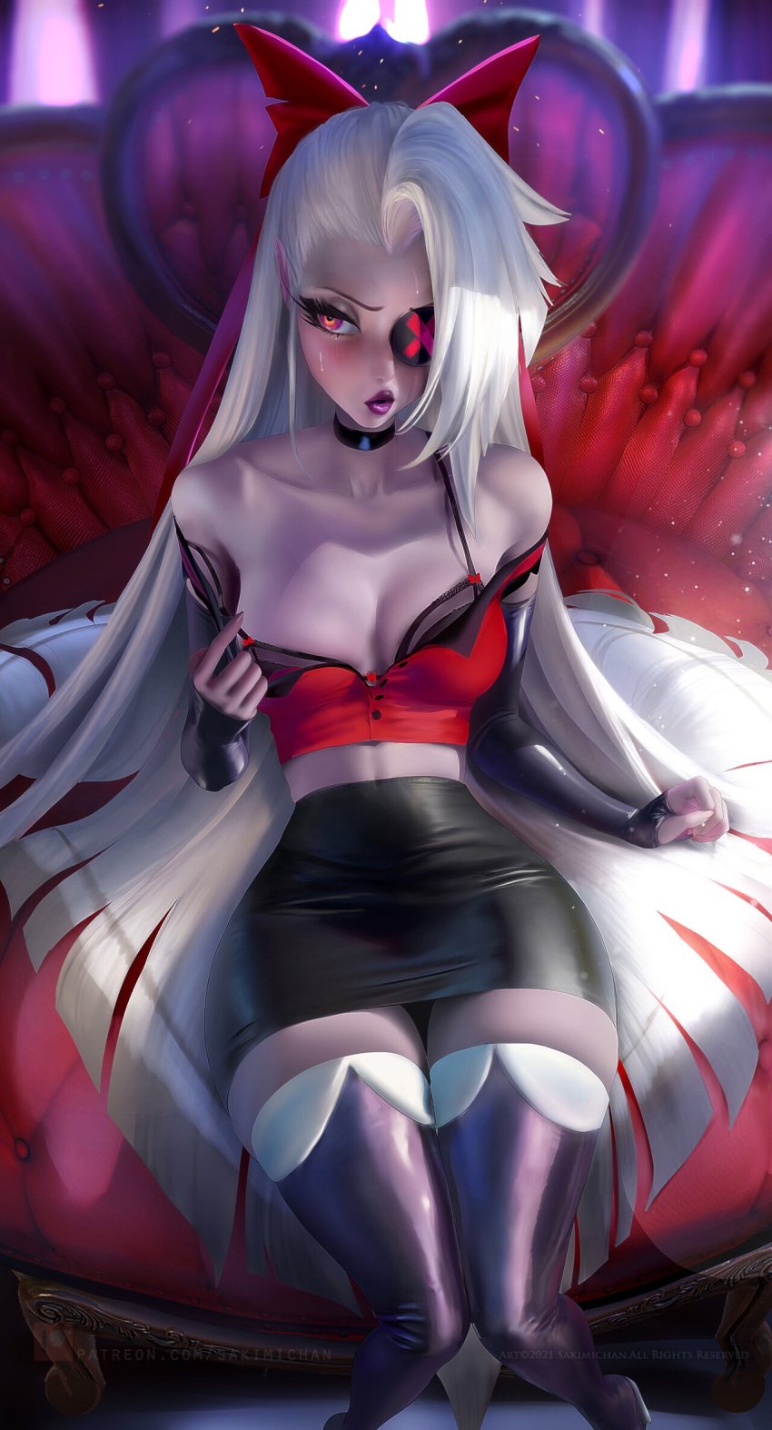 black_skirt black_stockings female grey_skin hazbin_hotel long_hair purple_lipstick red_shirt sakimichan showing_breasts sitting sweat thick_thighs vaggie_(hazbin_hotel) white_hair