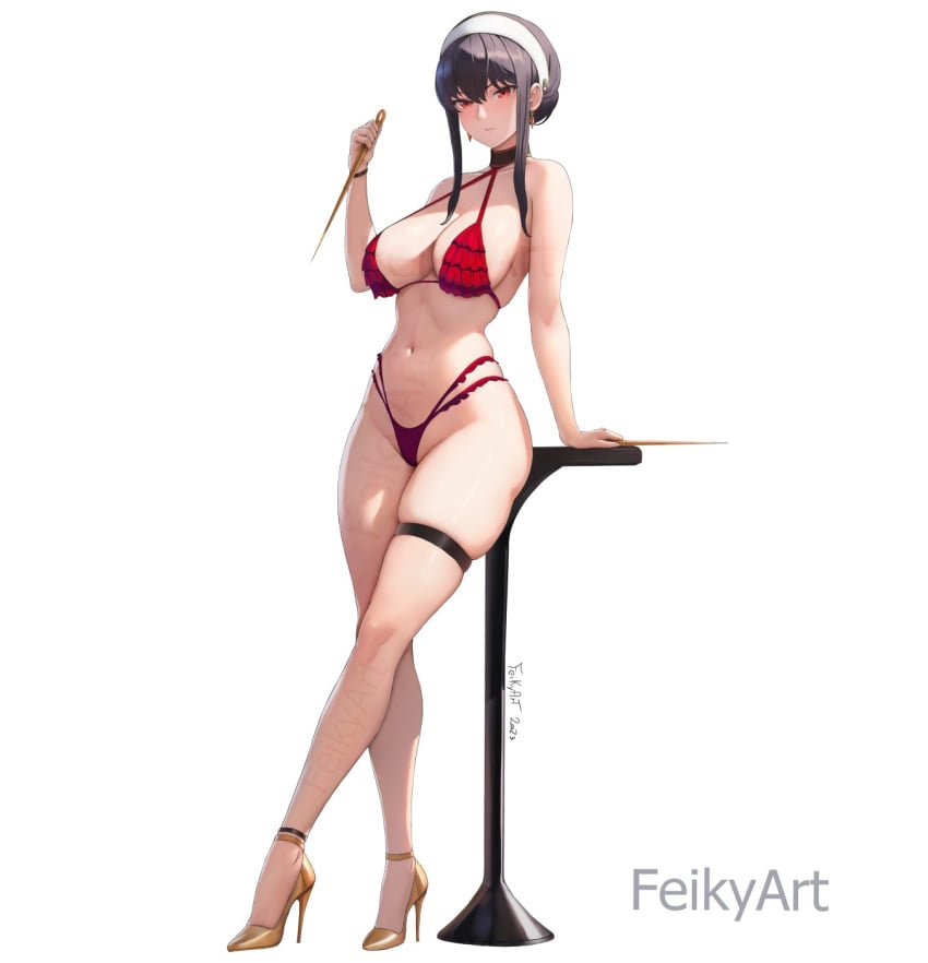 alternate_costume arm_support artist_name bare_legs bikini black_hair breasts earrings english_commentary feikyart female frilled_bikini frills full_body gold_footwear groin hairband high_heels highleg highleg_bikini highres holding holding_weapon jewelry large_breasts legs long_hair looking_at_viewer multi-strapped_bikini_bottom navel red_bikini red_eyes sideboob simple_background skindentation solo spy_x_family stiletto_heels stomach strappy_heels string_bikini swimsuit thigh_strap thighs toe_cleavage watermark weapon white_background yor_briar