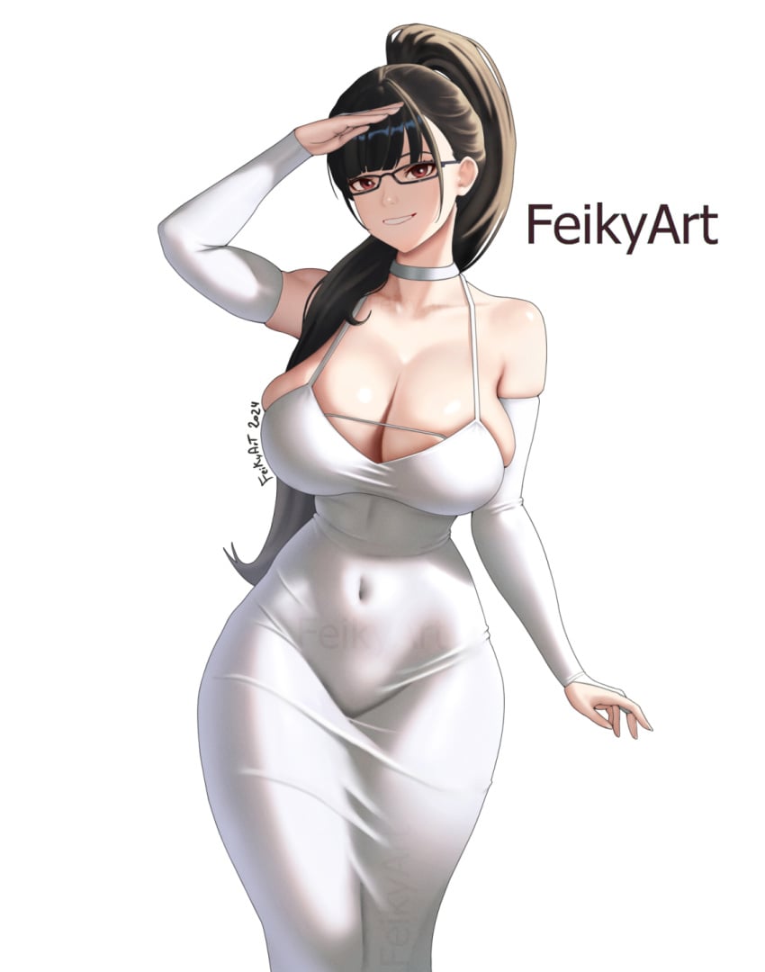 alternate_costume artist_name bare_shoulders black_hair blunt_bangs breasts bridal_gauntlets brown_eyes choker cleavage dated dress english_commentary eve_(stellar_blade) feikyart female glasses highres large_breasts long_hair looking_at_viewer parted_lips ponytail salute solo stellar_blade tight_clothes tight_dress white_bridal_gauntlets white_choker white_dress