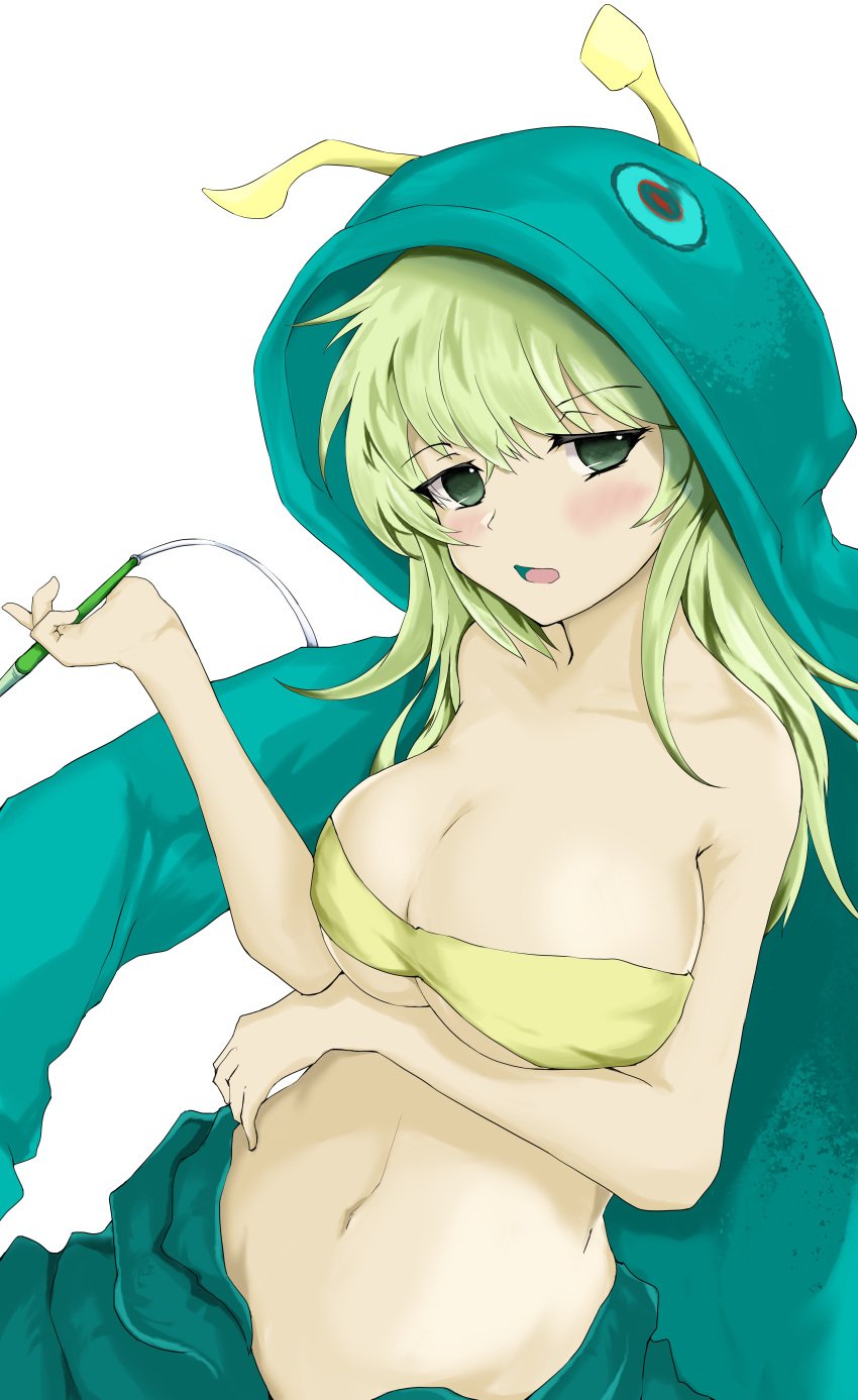 1girls absurdres animal_hood big_breasts black_souls black_souls_2 blush breasts caterpillar_humanoid female female_only green_eyes green_hair hood light-skinned_female light_blush light_skin long_hair looking_at_viewer shisha_(black_souls) simple_background solo water_pipe white_background yellow_bra yellow_hair