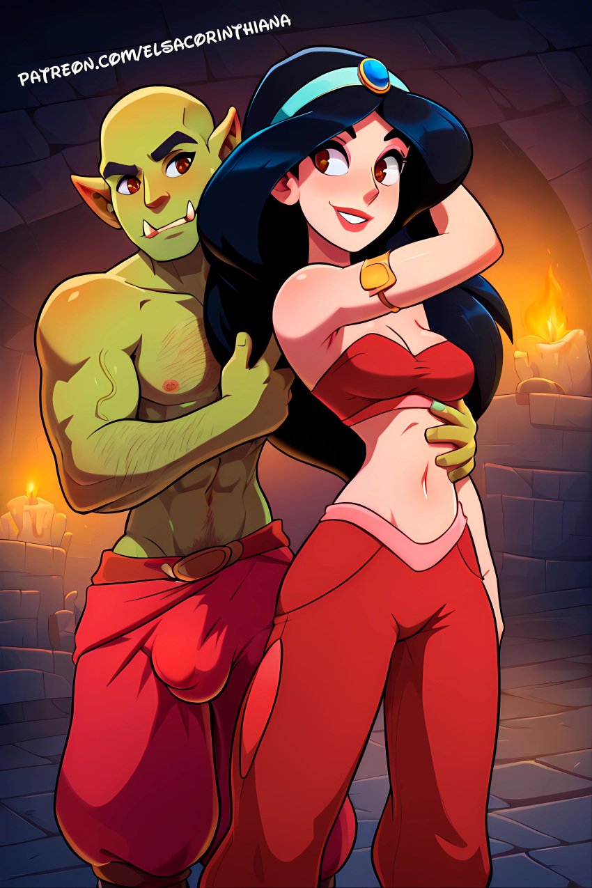 1girls 1orc ai_art ai_generated aladdin aladdin_(1992_disney_film) big_breasts big_bulge black_hair breasts brown_eyes bulge cartoon coconut couple disney dungeon elsacorinthiana female female_only green_skin harem harem_girl harem_outfit having_love high_quality horny monster navel orc orc_male outdoor_nudity patreon patreon_link patreon_url penis_bulge pointy_ears posing princess_jasmine red_harem_pants semi-naked semi_naked semi_nude sfw skinny skinny_girl standing talking thin thin_body thin_female white_skin