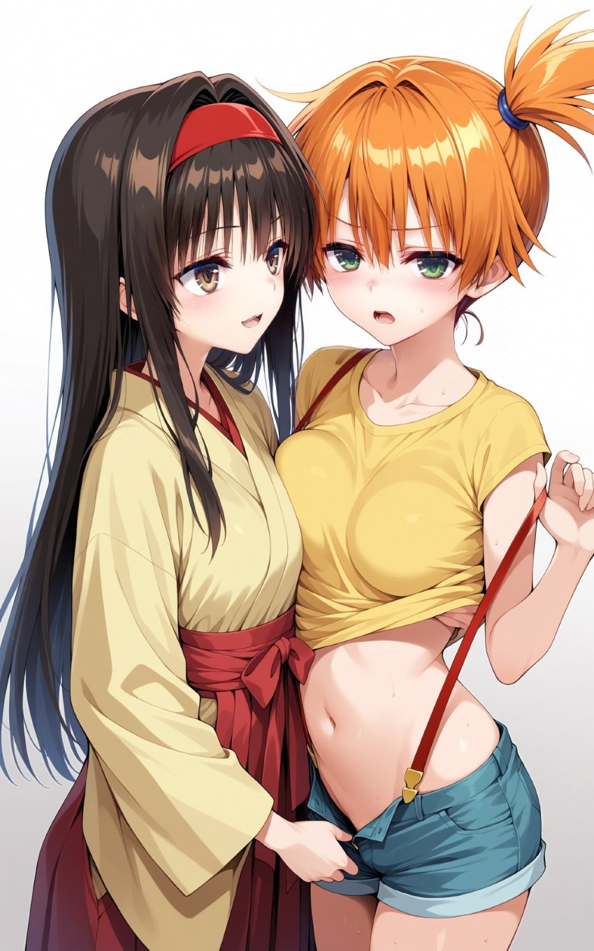 2girls :d ai_generated asymmetrical_docking asymmetrical_hair bangs bare_shoulders black_hair blush breast-to-breast breast_press breasts brown_eyes brown_hair clavicle clothes_lift clothing crop_top denim denim_shorts erika_(pokemon) female green_eyes gym_leader hair_between_eyes hair_intakes hairband hakama hakama_skirt headwear kasumi_(pokemon) kasumi_(pokemon) kimono large_breasts long_hair long_sleeves looking_at_viewer medium_breasts midriff multiple_girls navel open-mouth_smile open_clothes open_fly open_mouth open_shorts orange_hair pokemon pokemon_character ponytail red_hairband red_hakama robe shirt shirt_lift short_hair short_shorts short_sleeves shorts side_ponytail sidelocks skirt small_breasts smile standing stomach suspender_shorts suspenders sweat tank_top thighs tied_hair traditional_clothes unzipped wafuku wide_sleeves yellow_shirt yellow_tank_top yuri