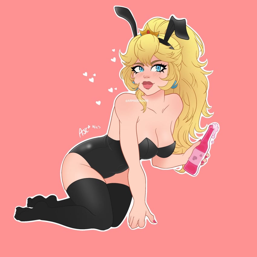 armasdraws blonde_hair blue_eyes bunn bunny_ears bunnysuit cleavage crown earrings hearts lips mario_(series) pink_background pink_nails princess_peach soda stockings