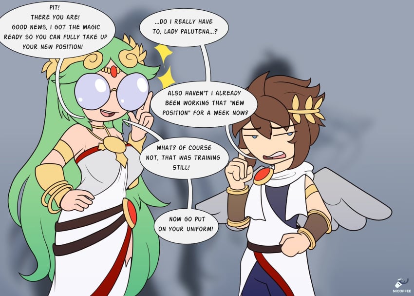 1boy 1girls 2d angel blue_eyes breasts brown_hair chibi fully_clothed glasses goddess green_hair kid_icarus kid_icarus_uprising nicoffee nintendo palutena pit pit_(kid_icarus)