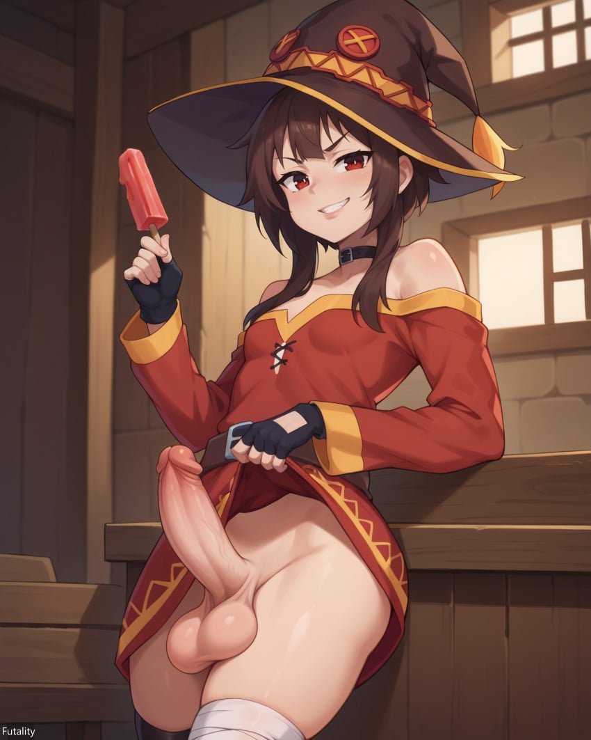 1futa ai_generated dickgirl dress_lift erection flashing flashing_penis futality futanari futanari kono_subarashii_sekai_ni_shukufuku_wo! large_balls large_cock large_penis large_testicles looking_at_viewer megumin penis_focus popsicle sagging_balls small_breasts smirk smug solo standing veiny_penis