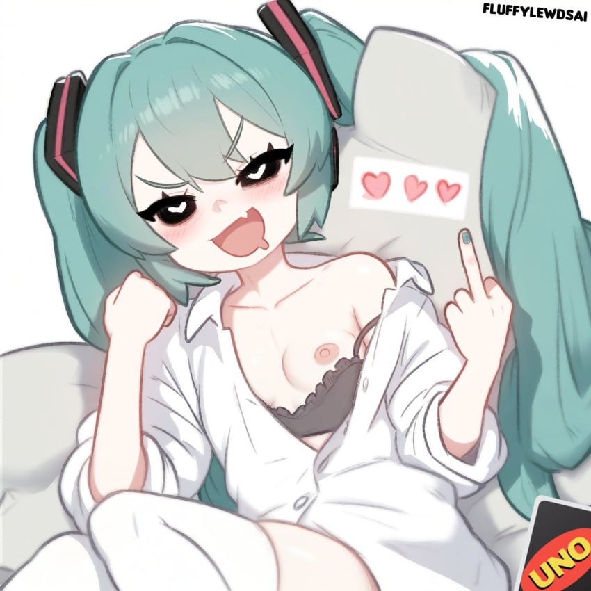 1girls ai_generated bra bra_slip fluffylewdsai hatsune_miku mesugaki_miku middle_finger