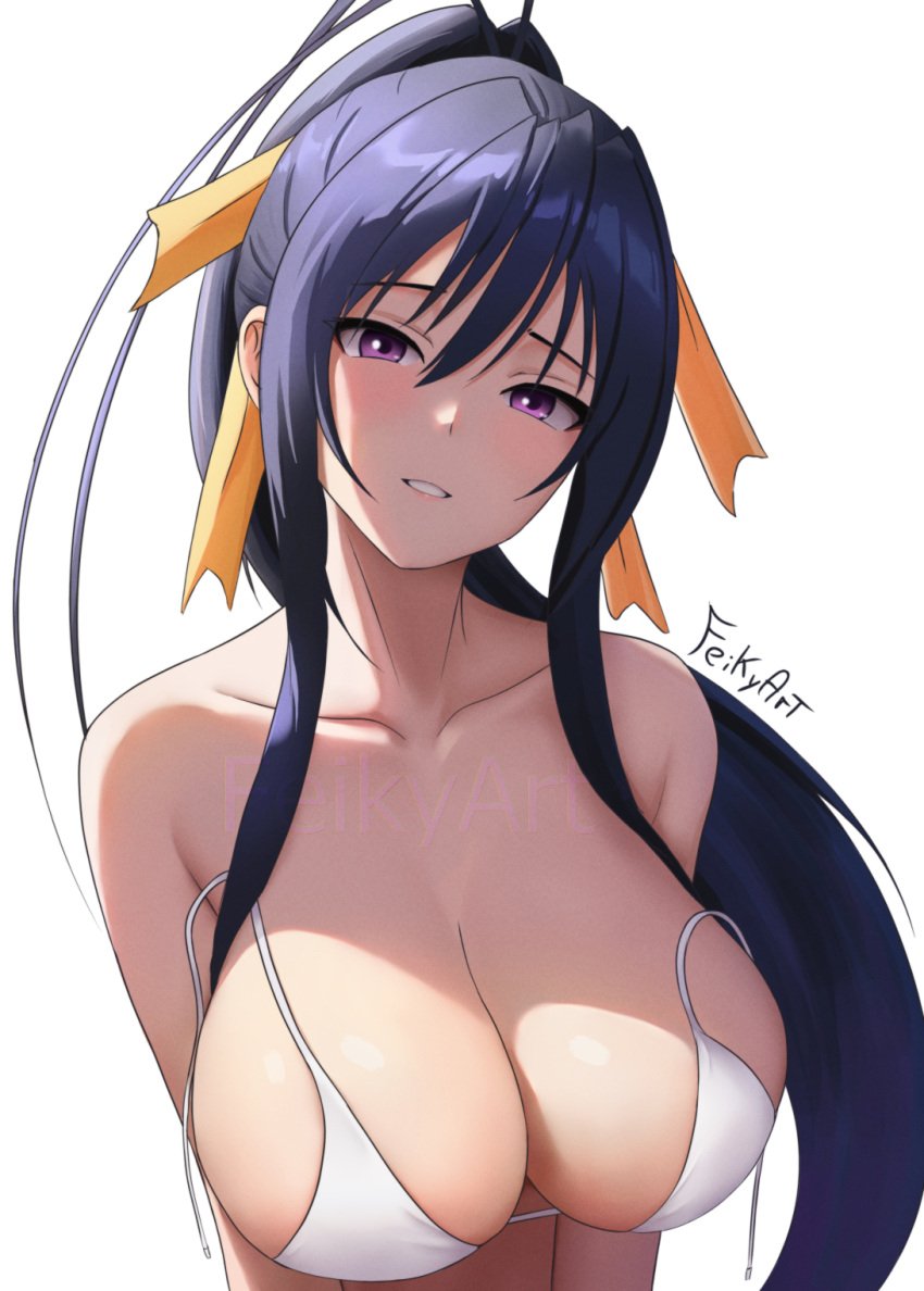 akeno_himejima artist_name bare_shoulders bikini black_hair blush breasts cleavage feikyart female hair_ribbon high_school_dxd highres large_breasts long_hair looking_at_viewer ponytail purple_eyes ribbon shaded_face shadow sideboob smile solo swimsuit untied_bikini very_long_hair watermark white_background white_bikini