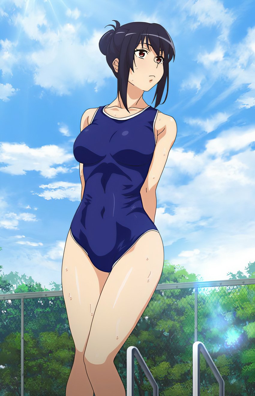 arms_behind_head black_hair breasts female konomi_ja_nai_kedo_mukatsuku_ane_to_aishou long_hair miniskirt ritsuki_mayama skirt swimsuit wet