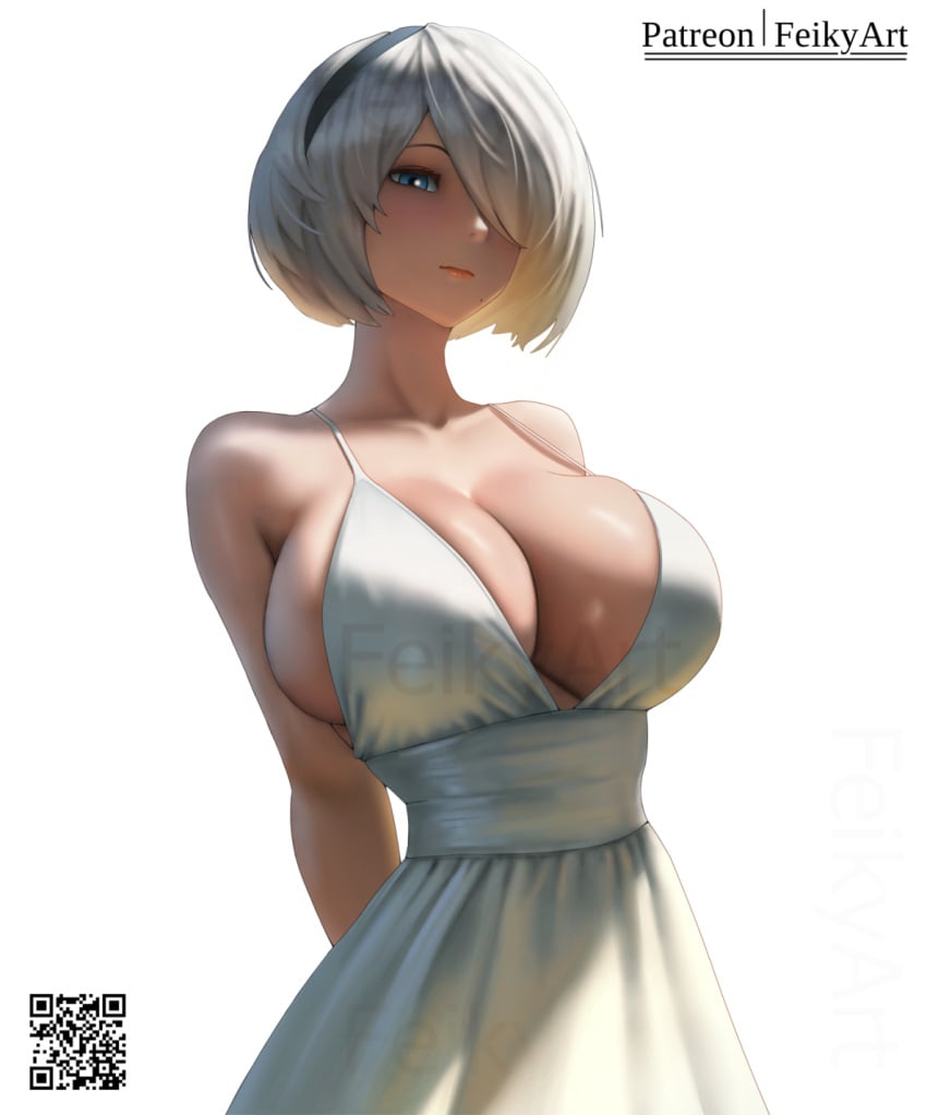 2b_(nier:automata) alternate_breast_size arms_behind_back black_hairband blue_eyes breasts cleavage closed_mouth dress english_commentary feikyart female grey_hair hair_over_one_eye hairband highres huge_breasts looking_at_viewer nier:automata nier_(series) patreon_username short_hair sleeveless sleeveless_dress solo upper_body white_background white_dress