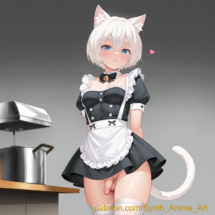 2d ai_generated blue_eyes catboy dickgirl femboy maid naked neko penis synthanime white_hair