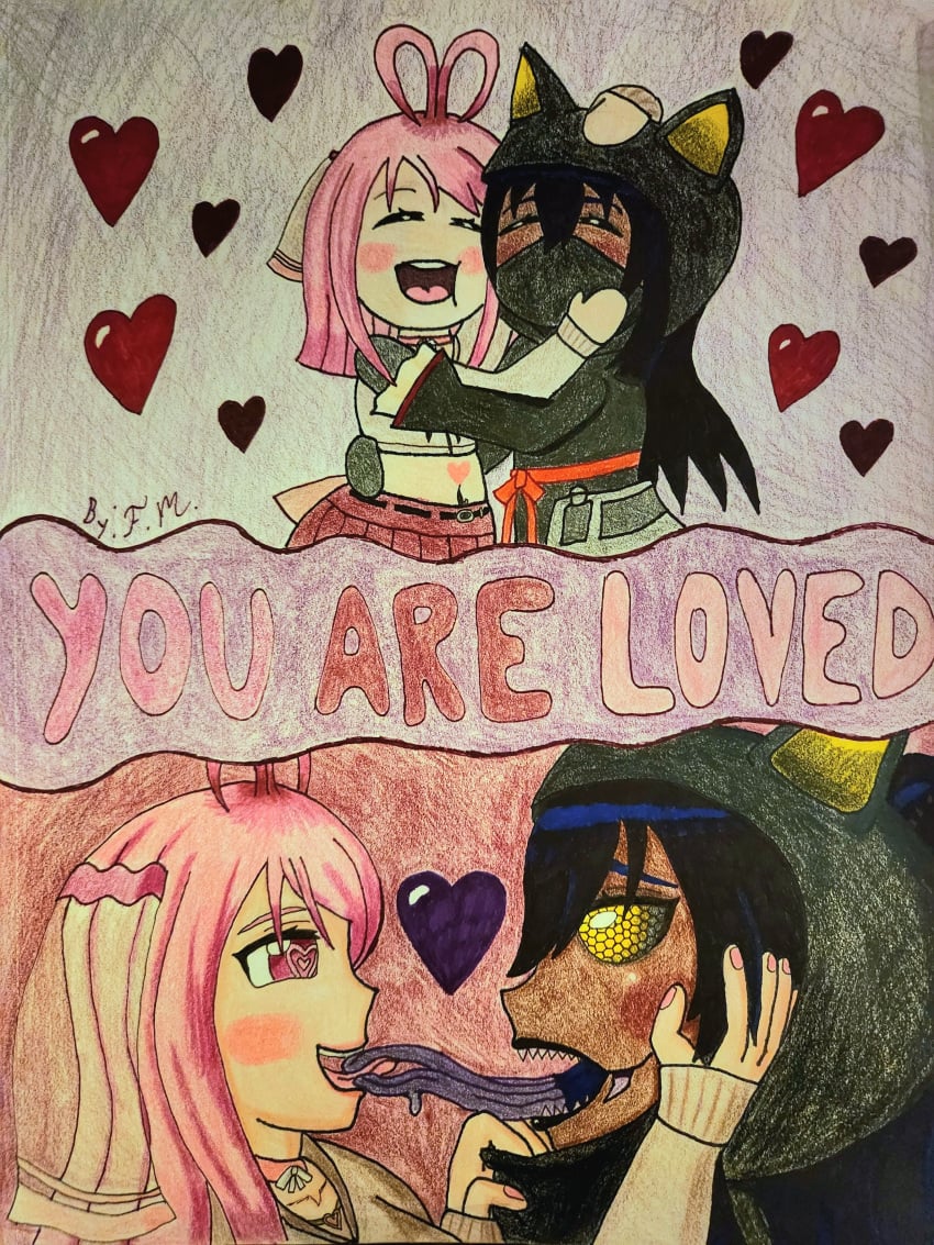 2_tongues alien_girl f.m. french_kiss heart hug imminent_sex interracial long_tongue mandibles oc original_characters pink_eyes pink_hair yuri