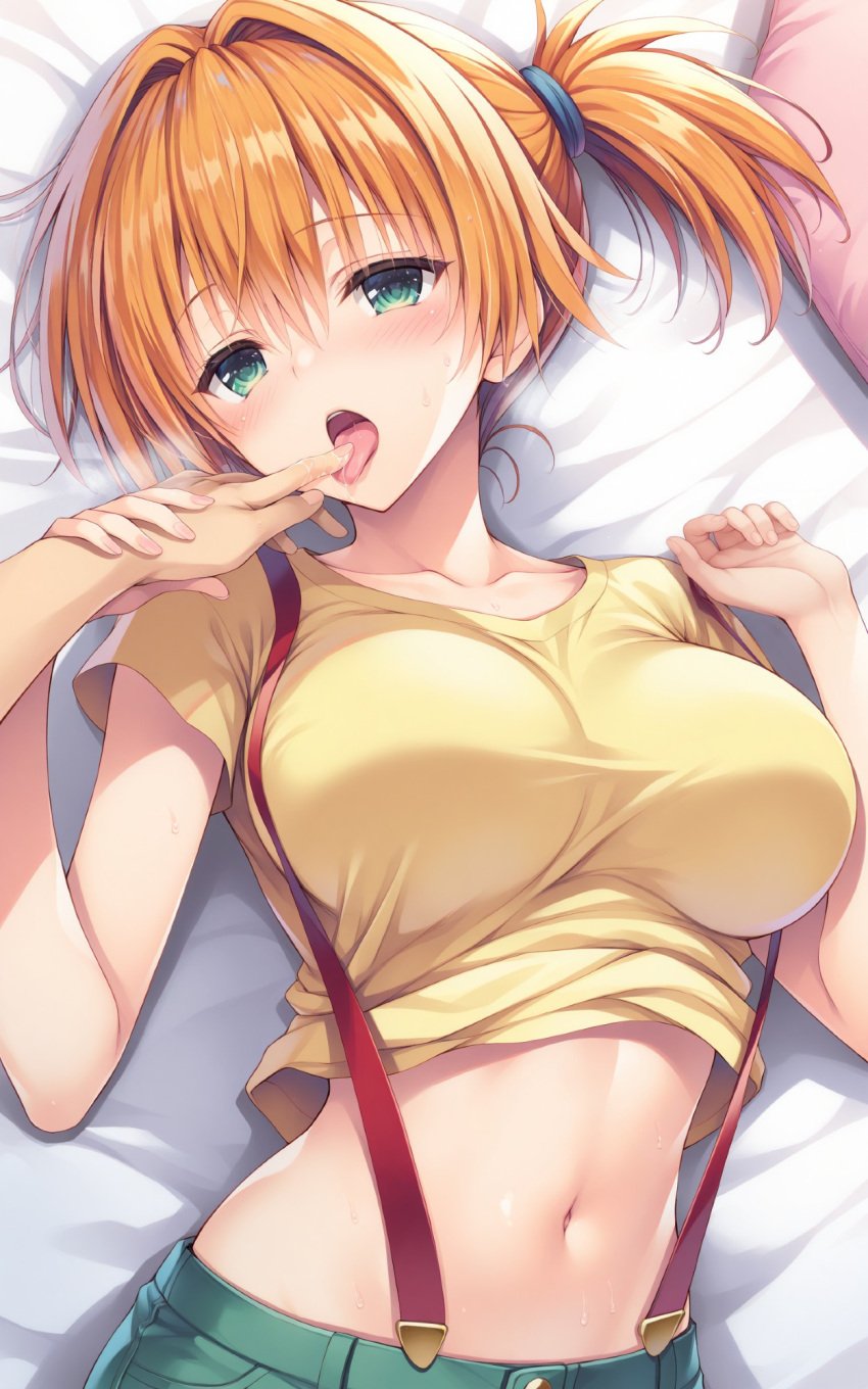 1boy ai_generated asymmetrical_hair bangs bare_shoulders bed bed_sheet blush breasts clavicle clothing crop_top denim denim_shorts female female fingernails green_eyes gym_leader hair_between_eyes hair_intakes indoors kasumi_(pokemon) kasumi_(pokemon) large_breasts long_hair looking_at_viewer lying male midriff navel on_back on_bed open_mouth orange_hair pillow pokemon pokemon_character ponytail saliva shirt short_hair short_shorts short_sleeves shorts side_ponytail sleeveless sleeveless_shirt solo solo_focus stomach suspenders sweat tank_top taut_clothes thighs tied_hair tongue tongue_out upper_body yellow_shirt yellow_tank_top