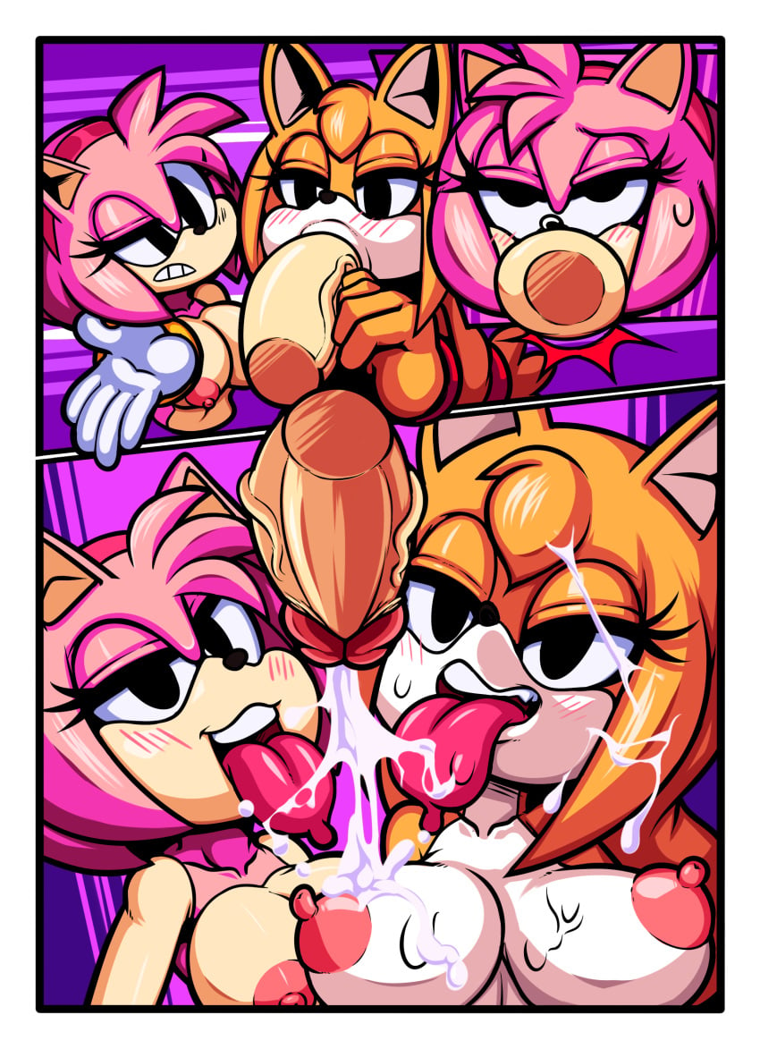 amy_rose anthro big_breasts big_penis breasts canine cloudz comic cum cum_on_body disembodied_penis fellatio female fox group group_sex hedgehog hi_res huge_breasts huge_cock male mammal oral penis sex sonic_(series) sonic_boom straight superbunnygt threesome video_games zooey_the_fox