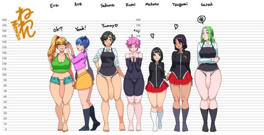 1boy 6girls apron ave_(neone-x) blonde_hair bulge character_name cleavage clothing curvy eva_(neone-x) fast_food fast_food_uniform flaccid futanari futarbucks height_chart height_difference holding_hands huge_cock intersex large_breasts large_penis makoto_(neone-x) medium_breasts multiple_futa multiple_girls neone-x original penis penis_out penis_to_the_knees red_toenails rumi_(neone-x) sakura_(neone-x) sarah_(neone-x) side_ponytail small_breasts text thick_thighs tsugumi_(neone-x) waitress wide_hips