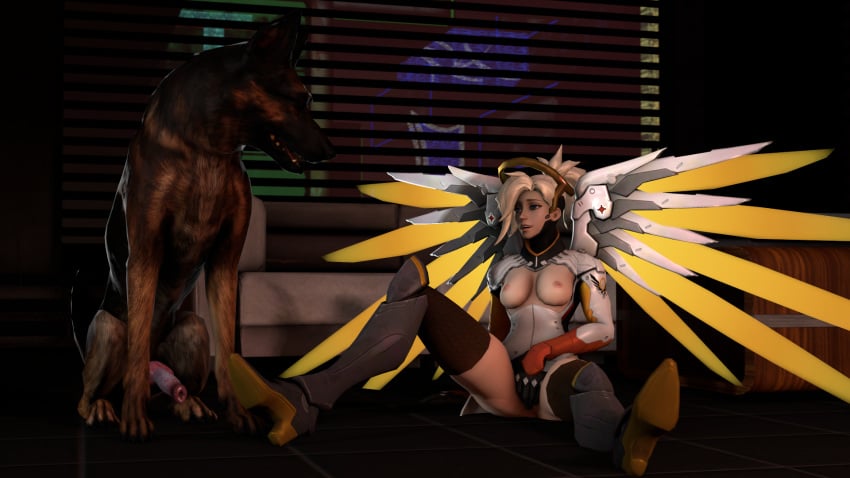 3d big_breasts blonde_hair blue_eyes breasts canine derpsycho333 female fingering masturbation mercy nipples overwatch penis source_filmmaker watching wings