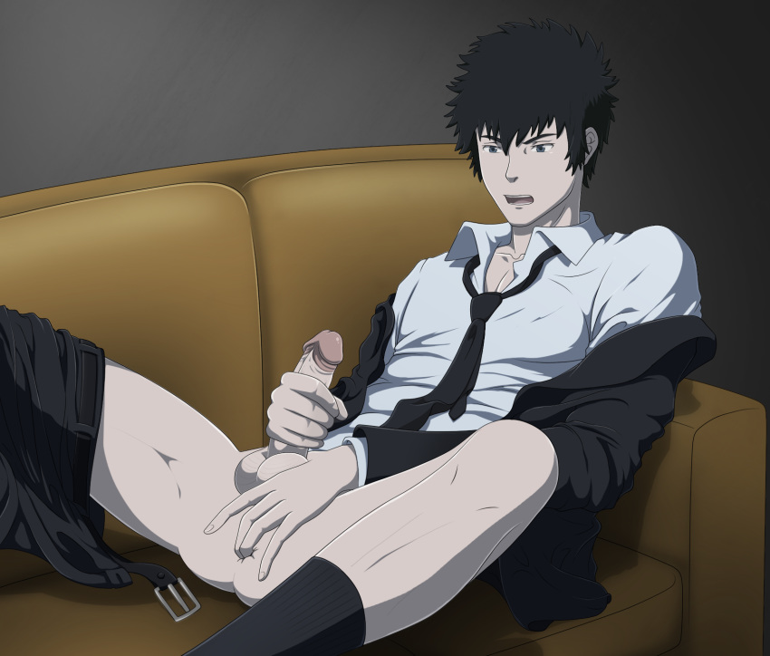 anal_fingering anal_masturbation male male_focus male_only masturbation penis psycho-pass shinya_kougami simple_background suit tie