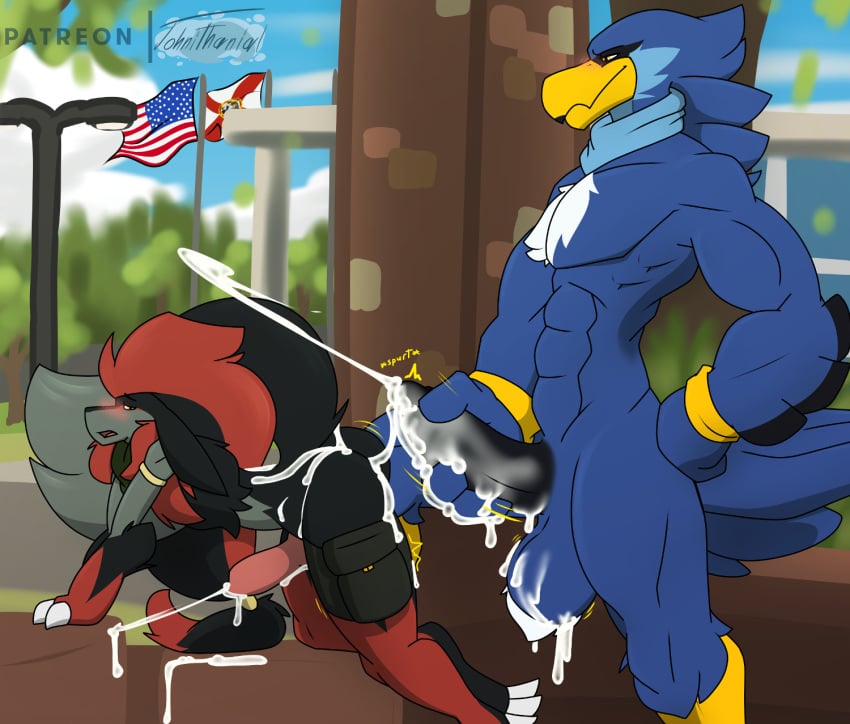 2boys abs after_sex anal anthro ass avian beak cum cum_in_ass cum_inside cum_on_balls cum_on_penis day detailed_background duo erection flag fox furry gay girly interspecies john_(johnithanial) johnithanial male male_only mega_evolution muscular nintendo original_character pecs penis pokémon_(species) pokemon pokemon_(species) pokemon_bw rally side_view street_lamp tail testicles tex text tree video_games watermark wings yaoi zoroark