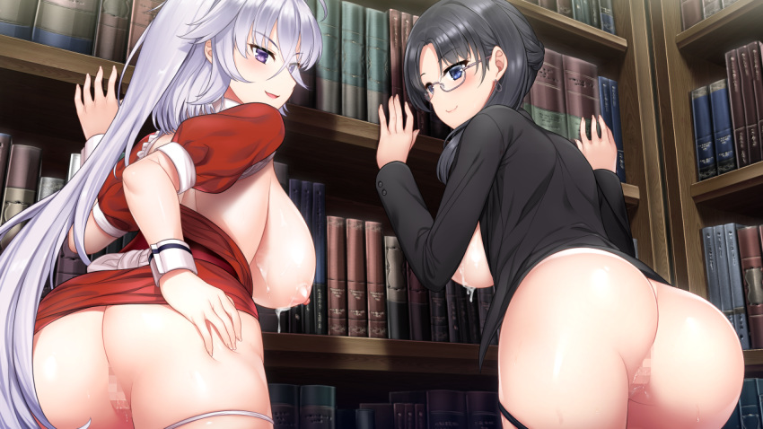 2girls areolae ass backboob black_clothes black_hair blue_eyes blush book breasts breasts_out censored closed_mouth cum cum_on_body cum_on_breasts cum_on_upper_body earrings formal from_behind game_cg glasses groin highres huge_breasts jewelry legs library lizabell_worth long_hair long_ponytail looking_back maid marianelli matching_hair/eyes mosaic_censoring multiple_girls nipples open_clothes open_mouth original paizuri_fiancee panties panty_pull ponytail purple_eyes purple_hair pussy pussy_juice semi-rimless_eyewear short_hair_with_long_locks smile standing suit take_your_pick thighs underwear uni8 wet