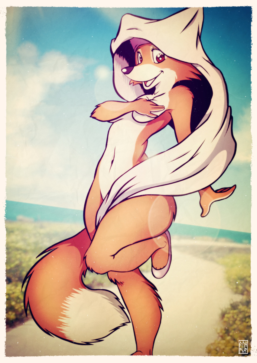 absurdres anthro beach breasts canine covering covering_breasts detailed_background disney female fluffy fluffy_tail footwear fox fox-pop furry headdress highres looking_at_viewer maid_marian mammal multicolored_tail navel nude outdoors pinup pose robin_hood_(disney) sand sea seaside shoes sky smile solo water