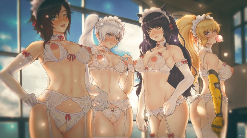 4girls abs areolae ass black_hair blake_belladonna blonde_hair blue_eyes blush bra breasts bubble_butt bubble_gum cat_ears choker clothing crotchless_panties elbow_gloves faunus female female_only frilled_gloves functionally_nude garter_belt garter_straps gloves highres hourglass_figure human lace lace-trimmed_bra lace-trimmed_gloves lace_choker large_breasts lingerie long_gloves long_hair looking_at_viewer maid_headdress medium_breasts multiple_girls nipple_cutout nippleless_bra nippleless_clothes nipples panties ponytail prinzkuon prosthetic_arm purple_eyes pussy ruby_rose rwby silver_eyes team_rwby thighhighs tongue tongue_out weiss_schnee white_bra white_gloves white_hair white_panties yang_xiao_long yellow_eyes