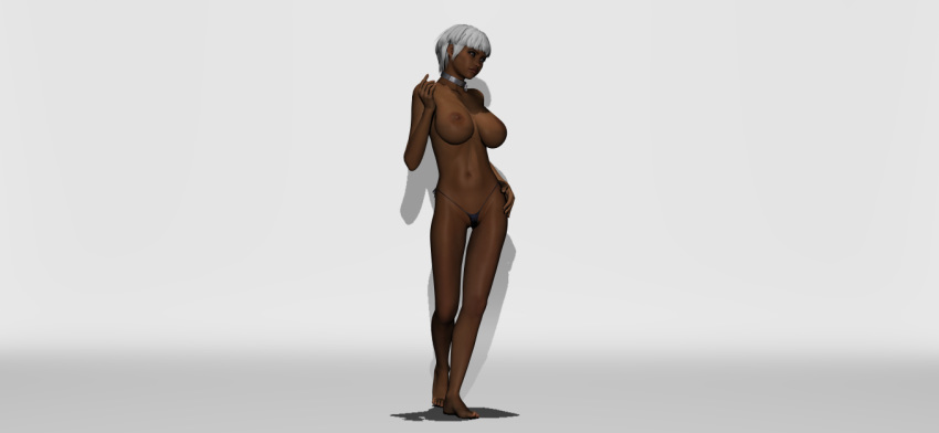 3d alphawlff bare_breasts barefoot big_breasts bikini bikini_bottom black_panties bra_removed breasts busty closed_mouth clothed clothing collar dark-skinned_female dark_skin exhibitionism exposed exposed_breasts female female_only front_view grey_hair half-dressed human indoors inside large_breasts legs lingerie micro_bikini nipples no_bra panties pose poser posing short_hair side-tie_bikini side-tie_panties silver_hair skimpy solo standing string_panties swimsuit swimwear thong topless underwear underwear_only white_hair