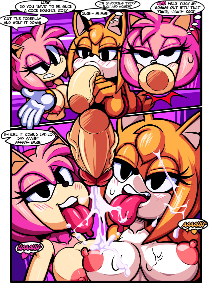 amy_rose anthro big_breasts big_penis breasts canine chaotix_boom cloudz comic cum cum_on_body dialogue disembodied_penis english_text fellatio female fox group group_sex hedgehog hi_res huge_breasts huge_cock male mammal netorare oral penis sex sonic_(series) sonic_boom speech_bubble straight superbunnygt text thought_bubble threesome video_games zooey_the_fox