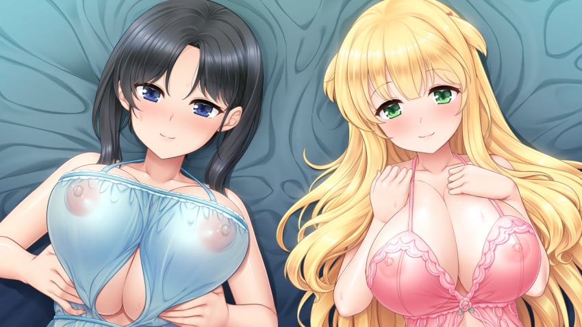 2girls areolae bare_shoulders bed black_hair blonde_hair blue_eyes blush breast_squeeze breasts cleavage closed_mouth game_cg green_eyes hands_on_own_chest highres huge_breasts large_breasts lingerie lizabell_worth long_hair looking_at_viewer loretta_magnamia lying multiple_girls nipples on_bed original paizuri_fiancee see-through short_hair_with_long_locks smile underwear uni8 upper_body