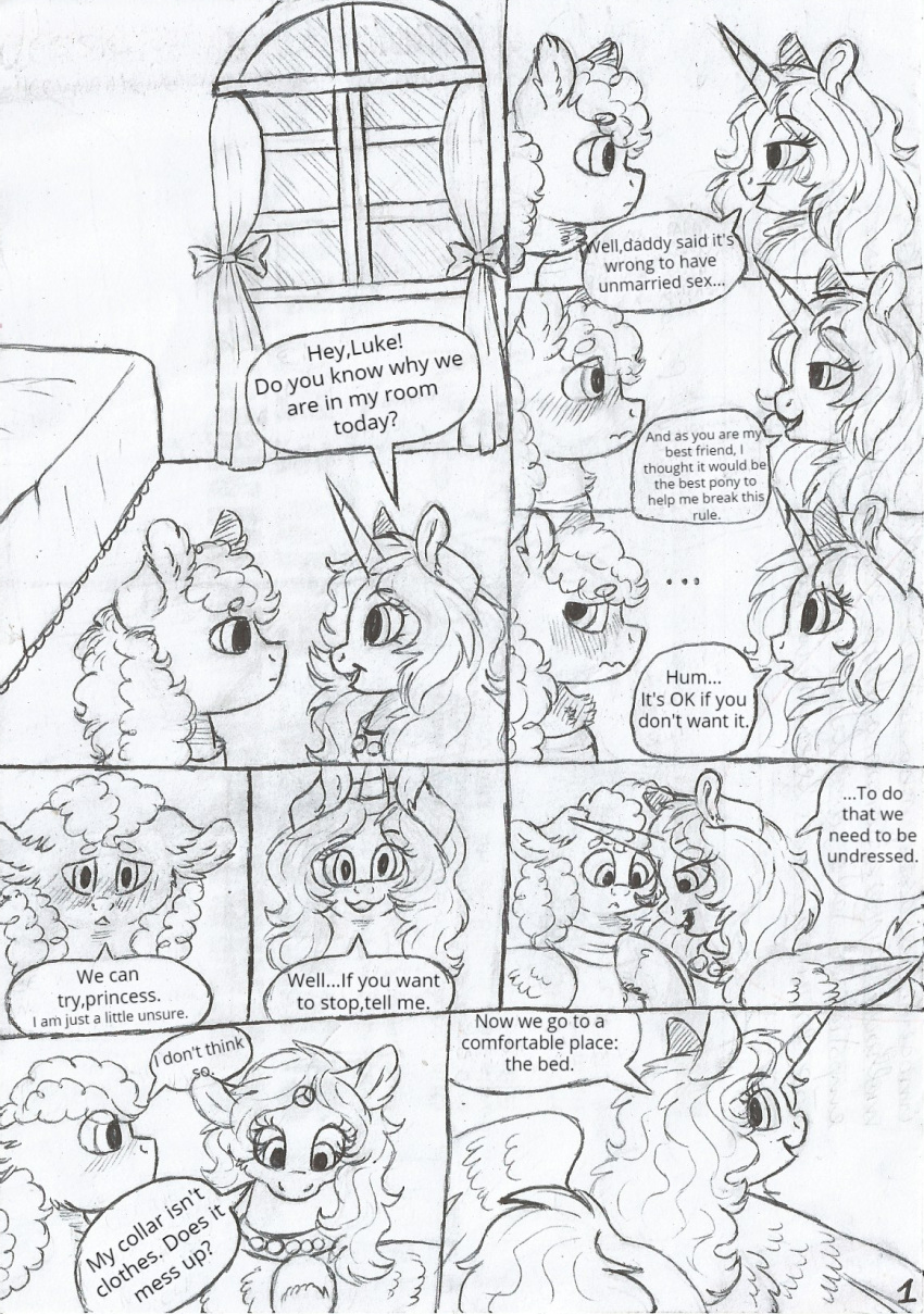 69bea alicorn black_and_white comic duo english_text equine fan_character female feral fluffy friendship_is_magic horn luke_(69bea) male mammal monochrome my_little_pony pegasus speech_bubble text traditional_media_(artwork) wings