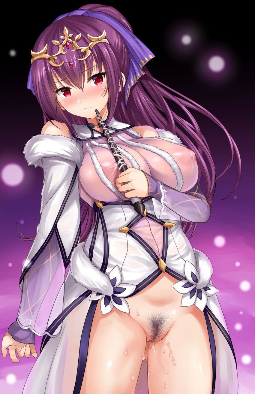 erect_nipples fate/grand_order fate_(series) fringe hamoto large_breasts pubic_hair pussy pussy_juice red_eyes scathach_(fate) scathach_skadi violet_hair