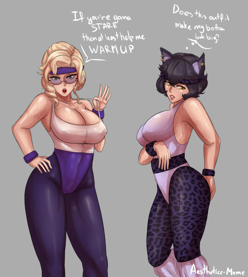 aerobics aestheticc-meme big_ass big_breasts black_hair blonde blonde_hair cat_ears exercise female glasses glynda_goodwitch gold_eyes green_eyes headband kali_belladonna leotard milf piercings rwby spandex sweat white_skin workout_clothes